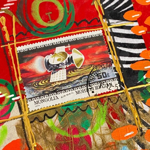 Lets Communicate Original Art Painting Collage Mixed Media Matted 8x8in - Picture 4 of 10